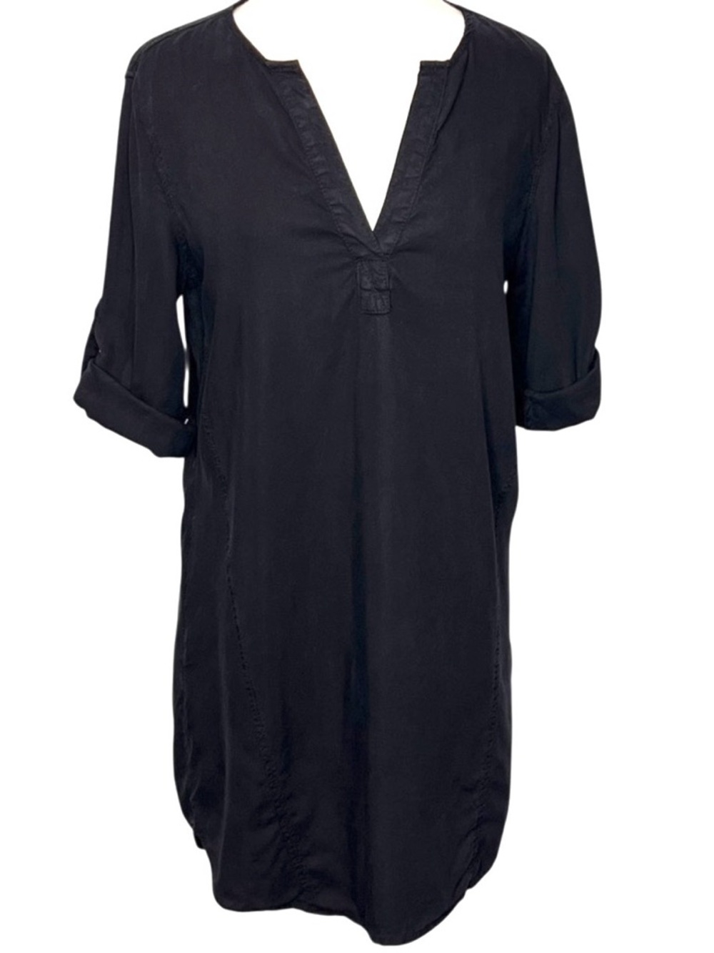 Bella Dahl Black Tencel Lyocell Shift Dress Roll Tab Sleeve Split Neck Sz S Mini